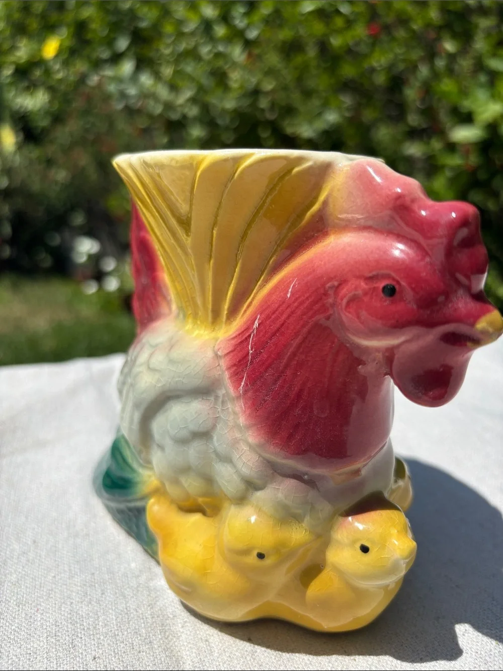 Vintage Hand-Painted Rooster Ceramic Vase in Red, Yellow & Green